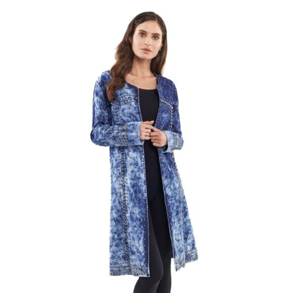 Adore Denim Blue Size Large Studded Acid Wash Long Jacket